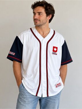 Molson Canadian Mens Large Baseball Jersey White Navy Red I Am Canadian NWOT